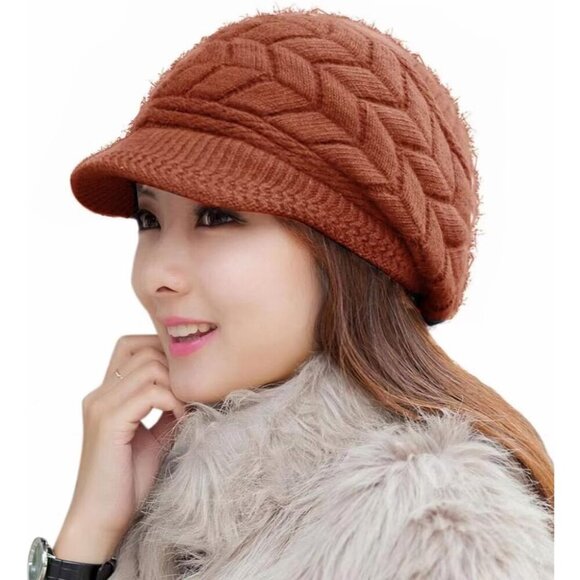Women’s Darh Orange Winter Warm Knit Wool Snow Ski Hat with Visor main image 5